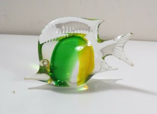 Art Glass Angel Fish Paperweight Clear With Green & Yellow