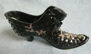 Fenton Black Hobnail Hand Painted Cat Head Shoe Slipper Signed D.  Caplinger