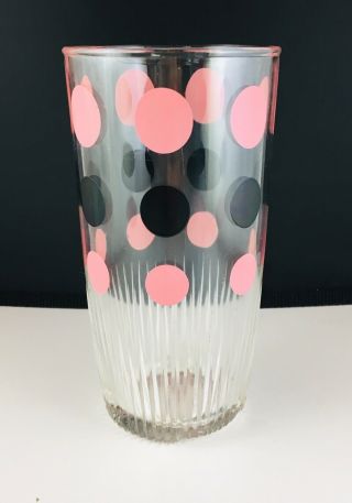 Vintage 1950’s Hazel Atlas Glass Tumbler 6” Polka Dots Pink & Black Ribbed Euc
