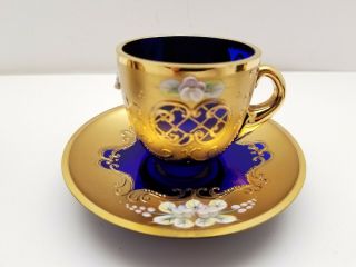Egermann? Czech Bohemian Cobalt Blue Gold Crystal Glass Demitasse Cup & Saucer