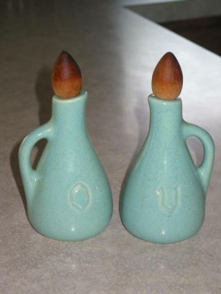 Brush Mccoy Pottery Turquoise Speckled Handled Vinegar & Oil Cruets