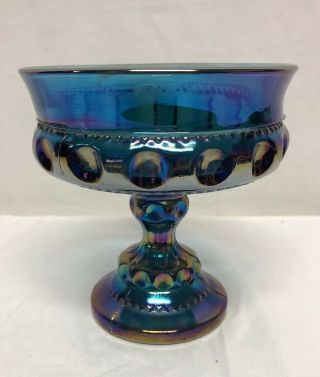 Vintage Indiana Irridescent Blue Carnival Glass Kings Crown Thumbprint Compote