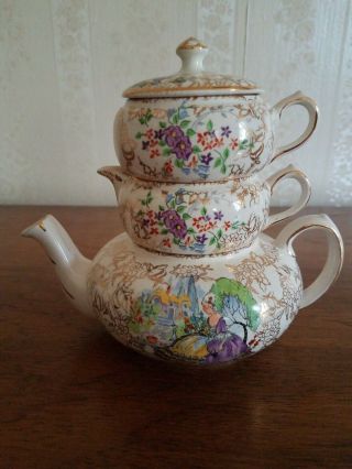 Lord Nelson Ware Chintz Bcm Pottery Stacker Teapot Set Pompadour England Vtg
