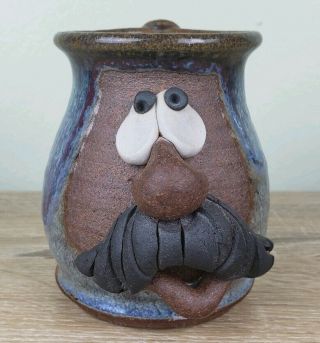 Ugly Mug Face Mustache Man Signed Mms By Mahon Made Stoneware Unique Blue Brown