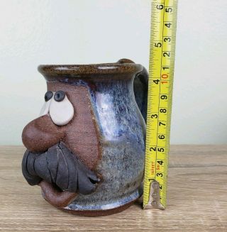 Ugly Mug Face Mustache Man Signed MMS by Mahon Made Stoneware Unique Blue Brown 6
