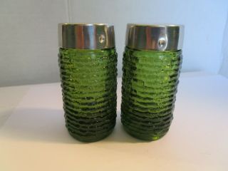 Vintage Fire King Green Glass Textured Soreno Salt And Pepper Shakers Set Of 2