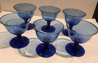 6 - Vintage Hand Blown Cobalt Blue Stem Custard Sherbet Dessert Glasses