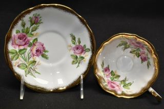 Queen Anne Pink Roses Heavy Gold Wide Mouth Cup & Saucer 2