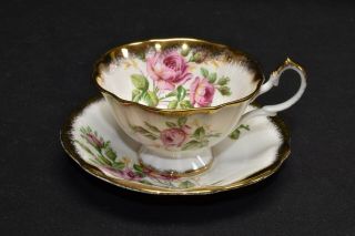 Queen Anne Pink Roses Heavy Gold Wide Mouth Cup & Saucer 3
