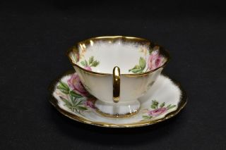 Queen Anne Pink Roses Heavy Gold Wide Mouth Cup & Saucer 4