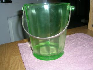 Ice Bucket Pail Green Glass Metal Handle Barware
