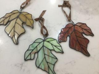 Set Of 3 Stained Glass Green Brown Light Brown Leaves Leaf Sun Catchers Fall