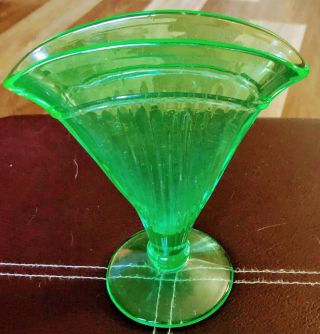 Vintage Depression Glass Green Vaseline Uranium Glass Fan Vase Ribbed