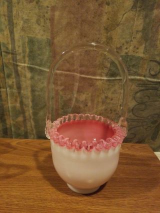 Fenton Pink & White Milk Glass Ruffled Edge Basket With Hobnail Sides Handle