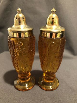 Vintage Tiara Amber Sandwich Pattern Footed Salt And Pepper Shakers