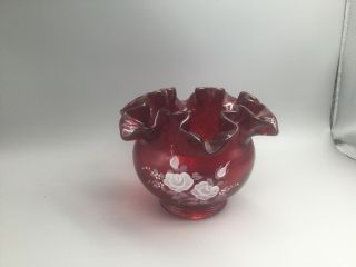 Fenton Ruby Red Hand Painted Flowers Vase Signed S Mullins