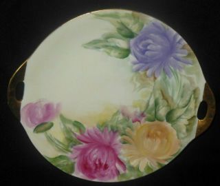 O & E G Royal Austria Hand Painted Cake Plate Pink Yellow Purple Mum Flower 1898