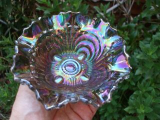 Carnival Glass.  Imperial Scroll Embossed Sauce In Smoke.  Vgc.  Great Iridescence.