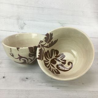 2 Bombay Company Damask Stoneware Cream Red Floral Leaves Soup Cereal 6.  5 " Bowls