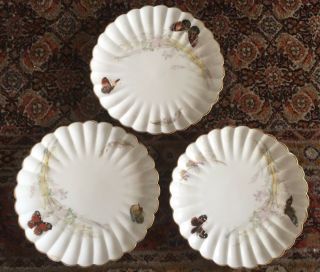3 Haviland & Co Limoges France Porcelain Plates Butterflies Scalloped Edge