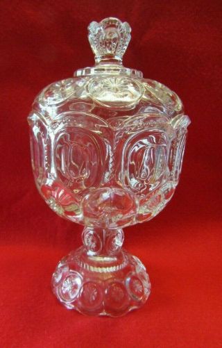 L E Smith Glass Moon And Star Crystal Clear 8 " Covered Compote Candy Bowl