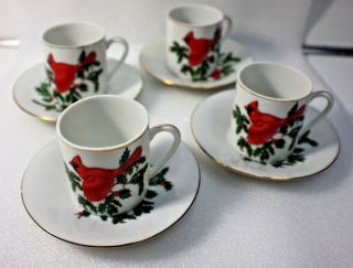 Set Of 4 Lefton Christmas Cups & Saucers Hand Painted Red Cardinal & Holly
