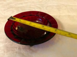 Ruby red depression Carnival glass ashtray,  three legged,  4” round 4