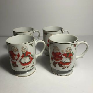 Set Of 4 Lefton China Footed Santa And Mrs Claus Dancing 1314 Coffe Mugs Cups