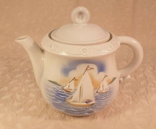 Vintage Porcelier Vitreous China Teapot W/sailboat Scene Made In Usa
