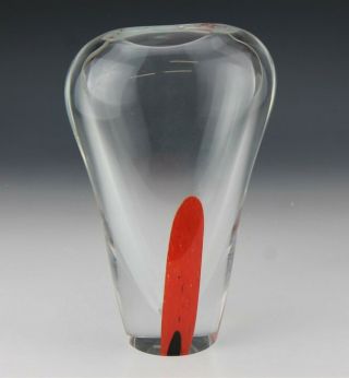 11 1/4 " Made In Poland Studio Blown Cased Red Black Band Art Glass Mantle Vase