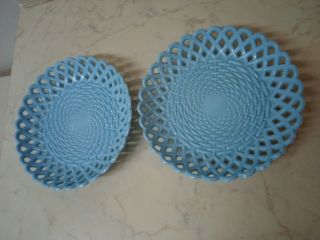 Victorian Sowerby 2 Blue Milk Glass Basket Effect Plates 20cm Peacock Mark