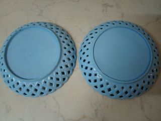 Victorian Sowerby 2 Blue Milk Glass basket effect Plates 20cm Peacock mark 2
