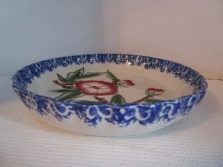 Vintage Pottery Spongeware 10 " Pie Plate Cobalt Blue With Hand Painted Flowers