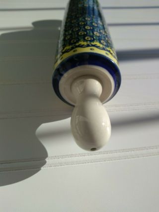 Polmedia Polish Pottery Rolling Pin 13 - inch Stoneware White Clay Yellow and Blue 6