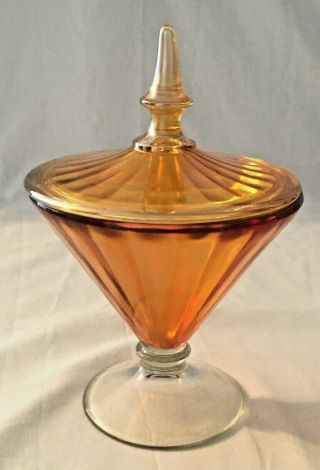 Vintage Amber Carnival Glass Covered Candy Dish
