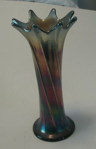 Vintage Blue Carnival Glass Ribbed Vase