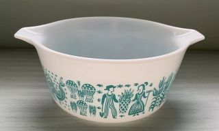 Pyrex Amish Butterprint Turquoise On White Casserole Bowl 474 - B 11/2 Qt