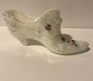 White Opalescence Fenton Shoe W Painted Signed M Wagner