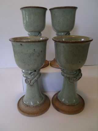 Set Of 4 Hand Crafted Pottery Pedestal Goblets - 7 3/4 "
