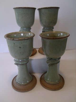 SET of 4 Hand Crafted POTTERY Pedestal GOBLETS - 7 3/4 