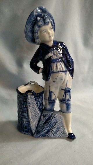 Germany Delft Boy With Fishing Net Figurine - Blue And White Windmill Decoration