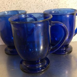 Anchor Hocking Cobalt Blue Glass Mugs Set 3 Vtg Mid Century Modern Made Usa