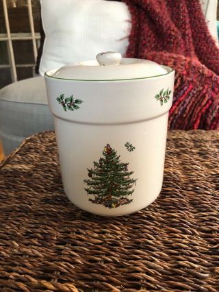 Spode Christmas Tree Sweet Jar 6 Inches Cookie Candy Canister W/ Lid.  Euc