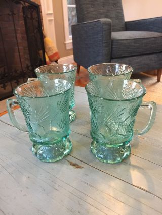 Tiara Green Glass Four Mugs Rare Ponderosa Pine Nib