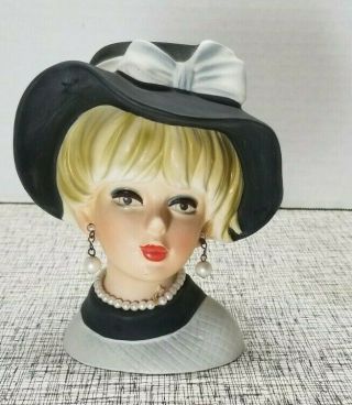 Vintage Napco Blond Blue Eye Lady Head Vase Gray Black Hat Pearls