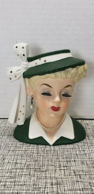 Vintage Napco Lady Head Vase Green Dress Eyelashes Pearls