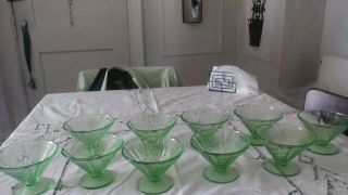 10 Vintage Etched Green Glass Dessert Cups