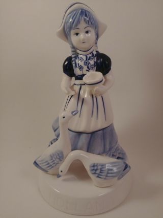 Vintage Circa 1964 Delft Blue Dutch Girl W/ Geese Made In Holland Hand Painted