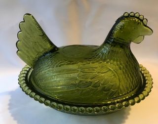 Indiana Glass Hen On Nest Green Chicken Candy Dish Bowl Trinket W/ Lid Vintage