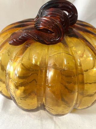 Large 9 1/2 " Hand Blown Amber Crackle Glass Art Pumpkin